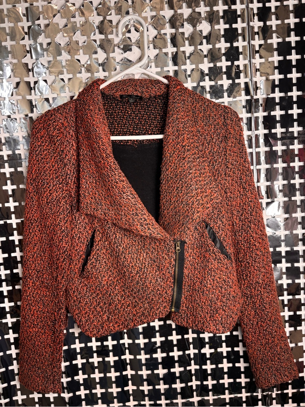 Honey Punch Rust-Black Textured Zip-Front Blazer
